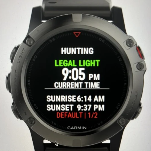 Maclyn Outdoor Widget on a Garmin watch showing hunting legal light and sunrise and sunset