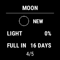 Moon view showing new moon, zero percent illumination, and next full moon